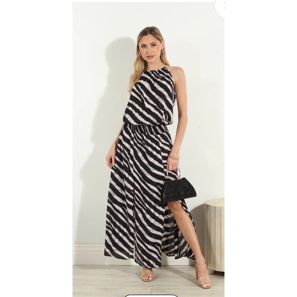 Veronicam Stripe Maxi Dress Chiffon Double Front Slit Black White NWT XL